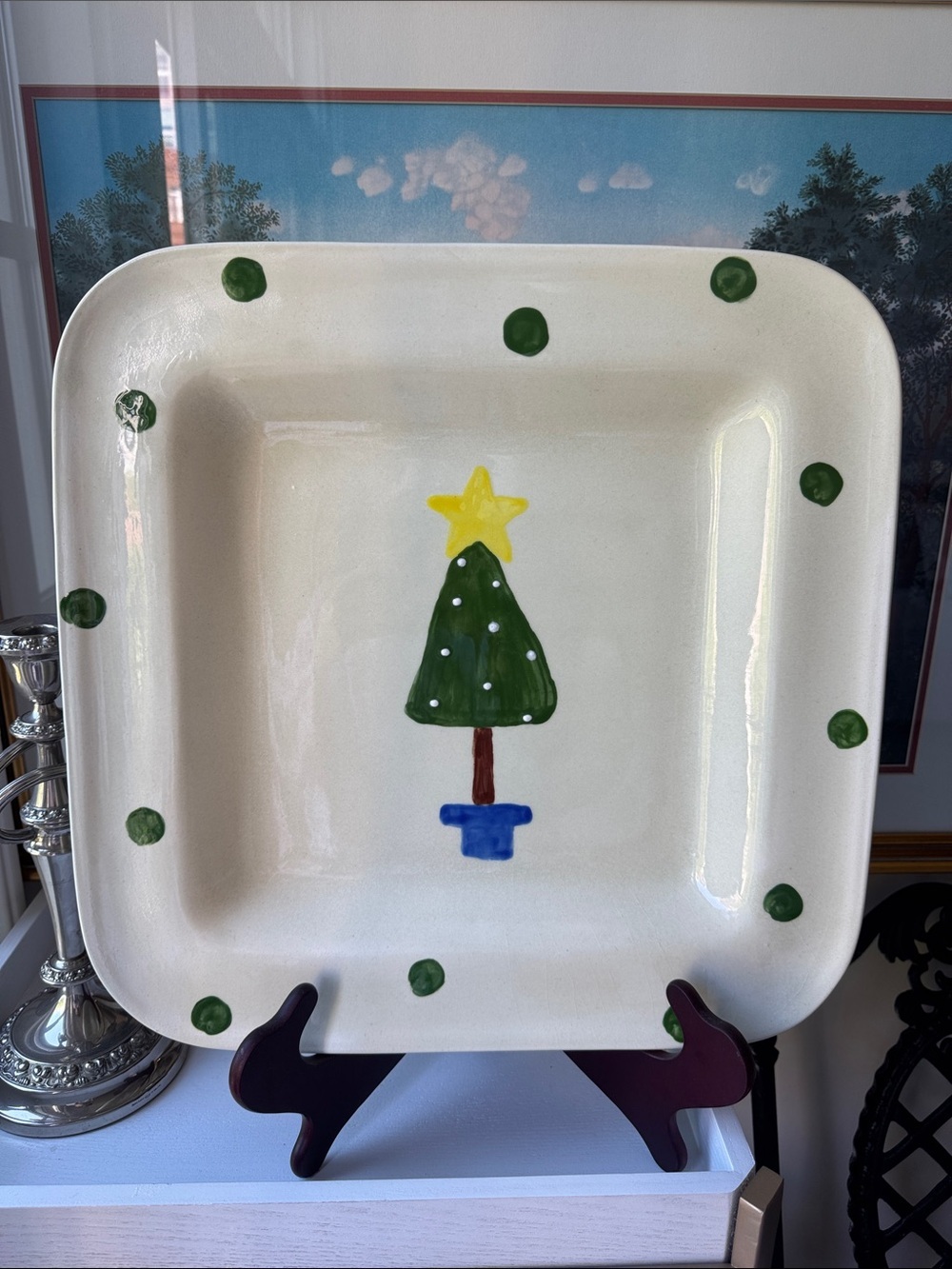 Hand-Painted Holiday Square Serving Platter with Green Tree Made in 🇮🇹 Italy